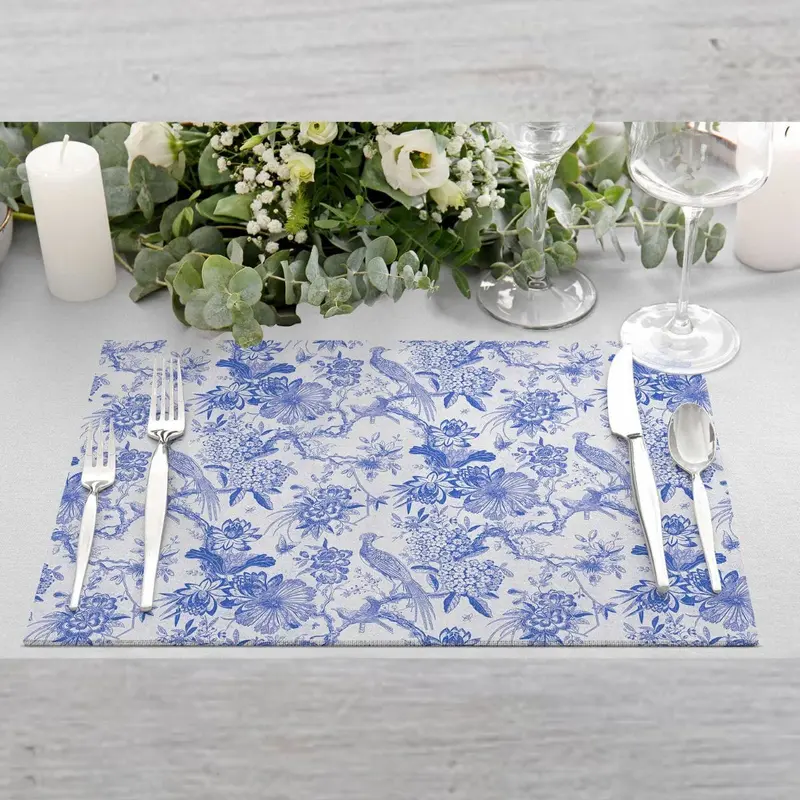Egzotic Blue Birds 4lü İnce Keten Kumaş Amerikan Servisi 50x35cm