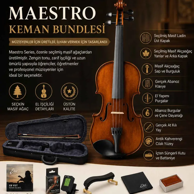 EKO Maestro Serisi Keman Seti Omuzluk Akor Cihazı Yedek Tel ve Temizleme Bezi