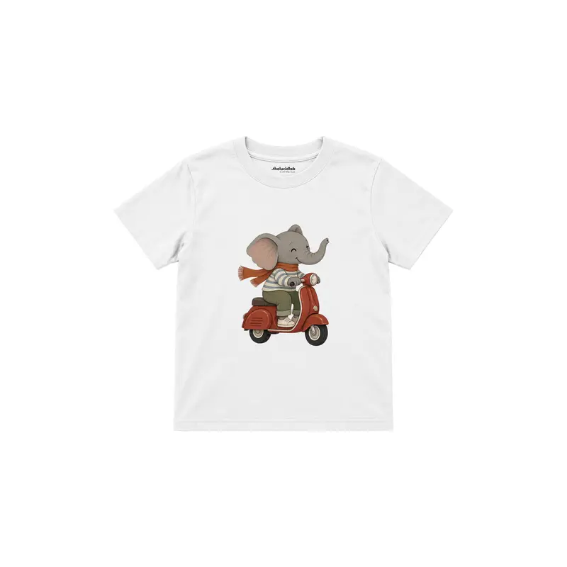 Elephant Riding a Vintage Red Scooter Çocuk Tişört