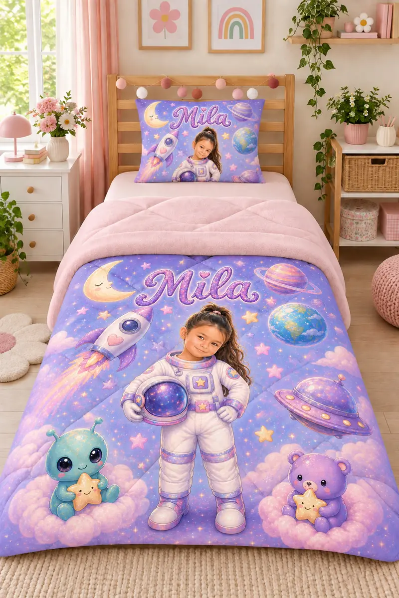 Evmila Karikatüristik Astronot Temalı Peluş Uyku Seti (Pembe Peluş)