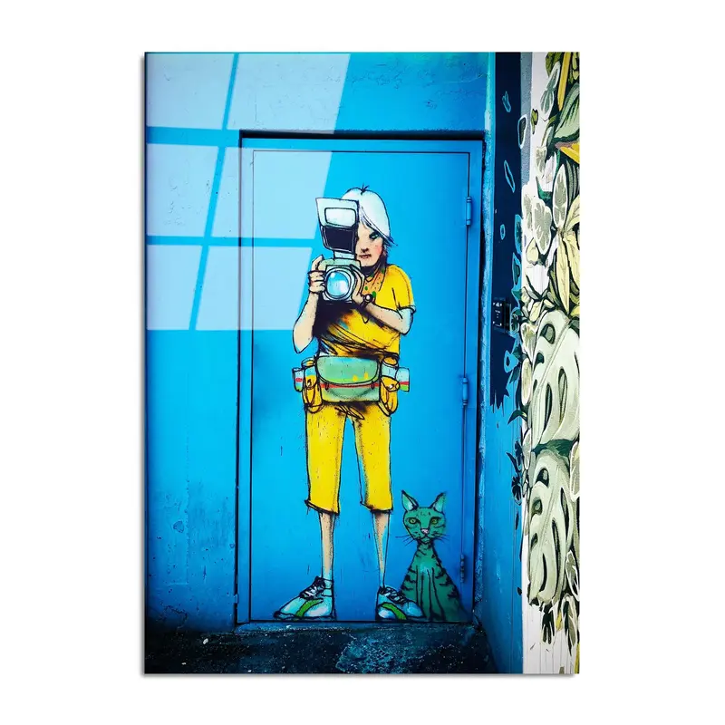 Fotografci Kız Grafiti Cam Tablo - Mavi