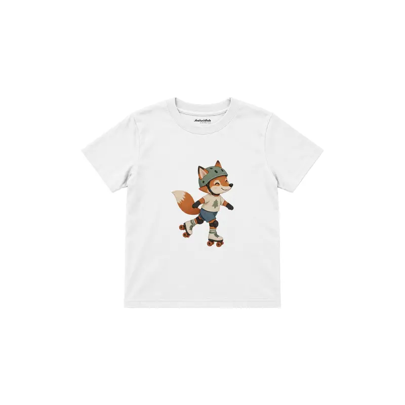 Fox on Roller Skates Wearing a Helmet Çocuk Tişört