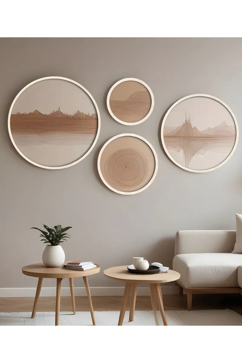 Geometrik Desenli Bej Tablo Seti - 4'lü Yuvarlak Set | huhu300