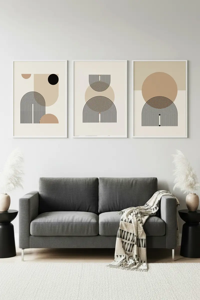 Geometrik Desenli Bej Tablo Seti - Modern 3’lü Set | huhu263