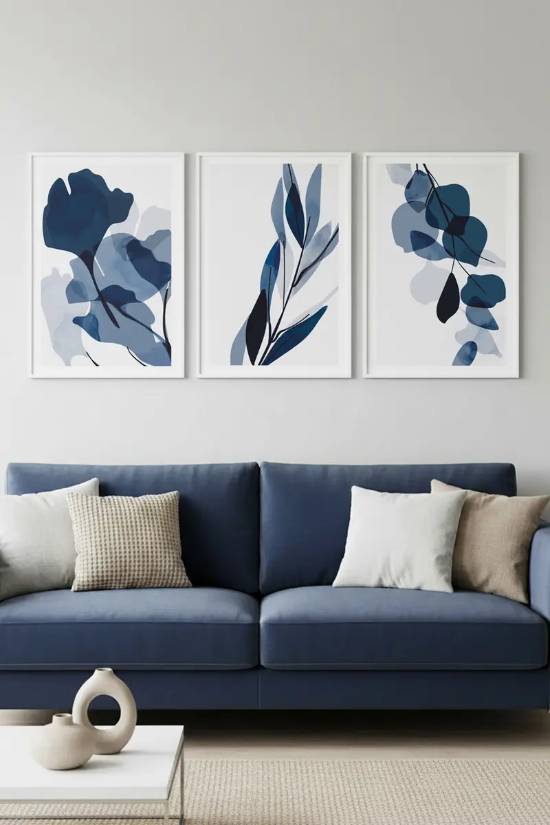 Geometrik Desenli Mavi Tablo Seti - Modern 3’lü Set | huhu207