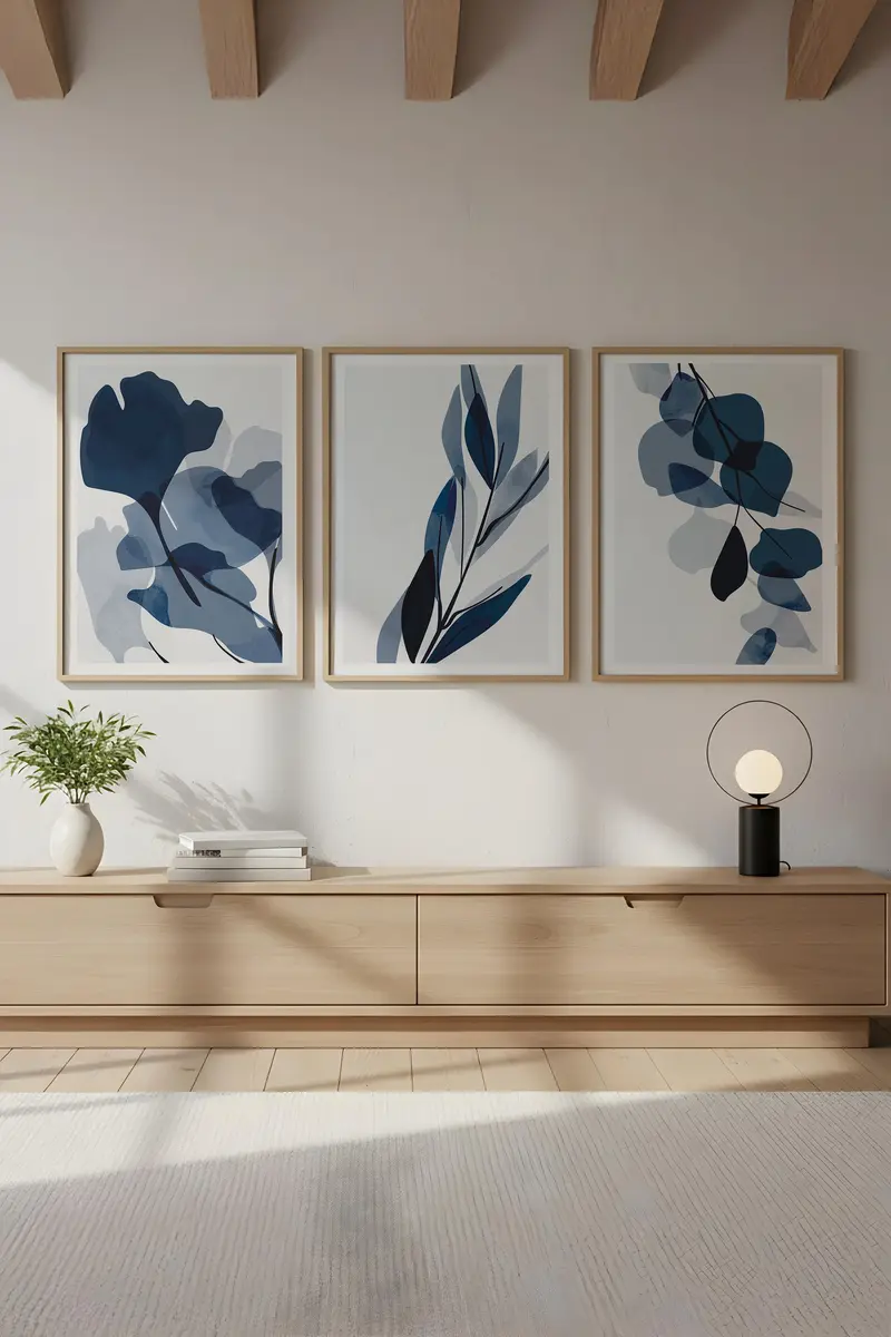 Geometrik Desenli Mavi Tablo Seti - Modern 3’lü Set | huhu207