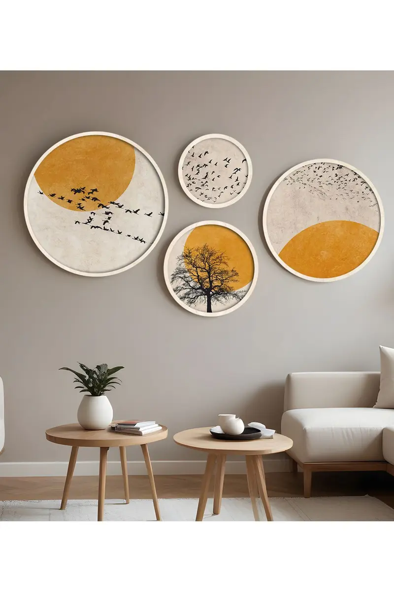 Geometrik Desenli Sarı Tablo Seti - 4'lü Yuvarlak Set| huhu412