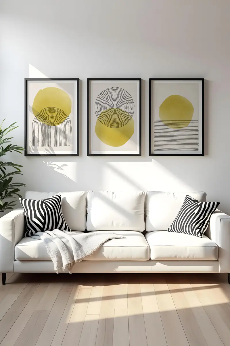 Geometrik Desenli Sarı Tablo Seti - Modern 3’lü Set | huhu144