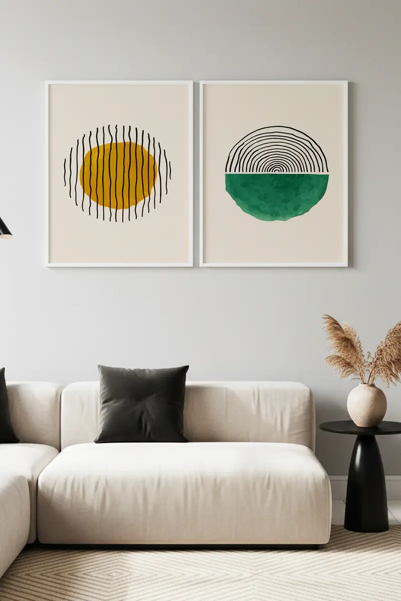 Geometrik Desenli Sarı ve Yeşil Tablo Seti - Modern 2’li Set | huhu30
