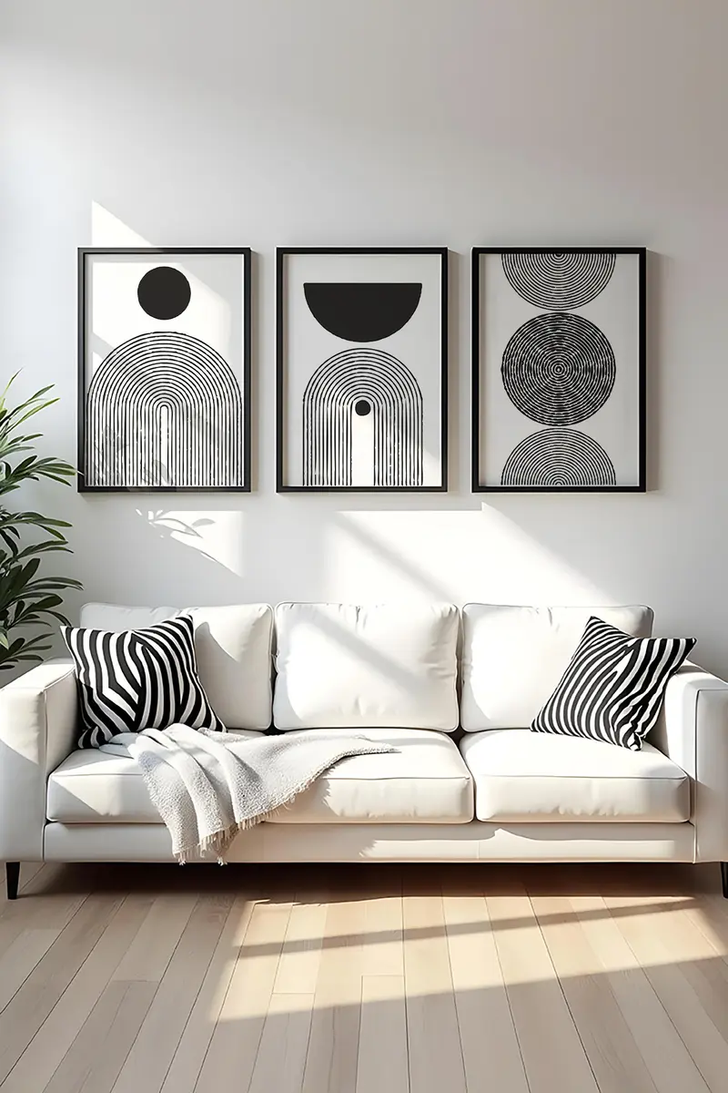 Geometrik Desenli Siyah-Beyaz Tablo Seti - Modern 3’lü Set | huhu163