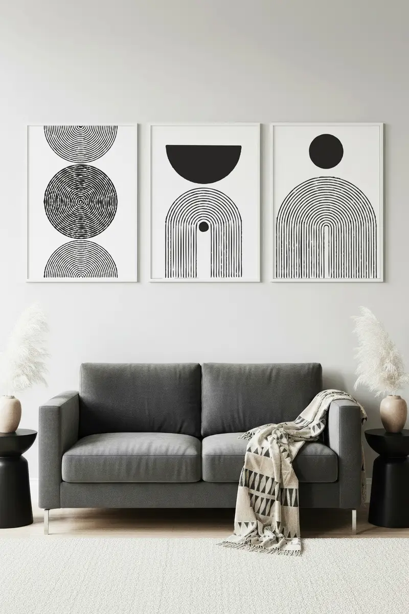 Geometrik Desenli Siyah-Beyaz Tablo Seti - Modern 3’lü Set | huhu163