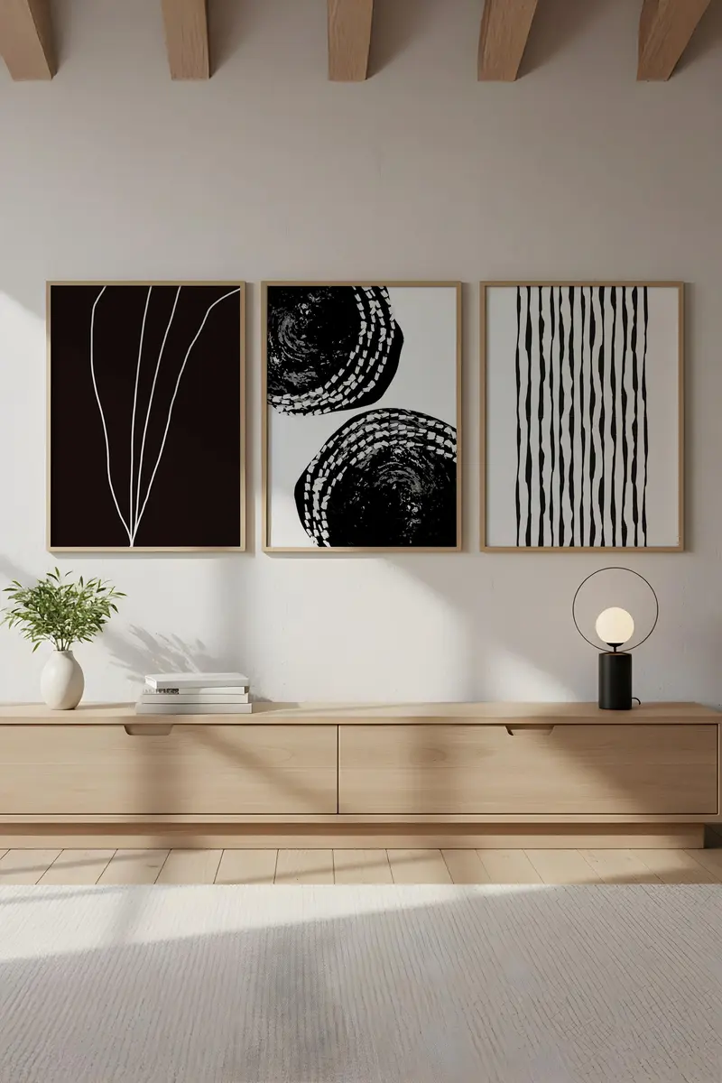 Geometrik Desenli Siyah-Beyaz Tablo Seti - Modern 3’lü Set | huhu240
