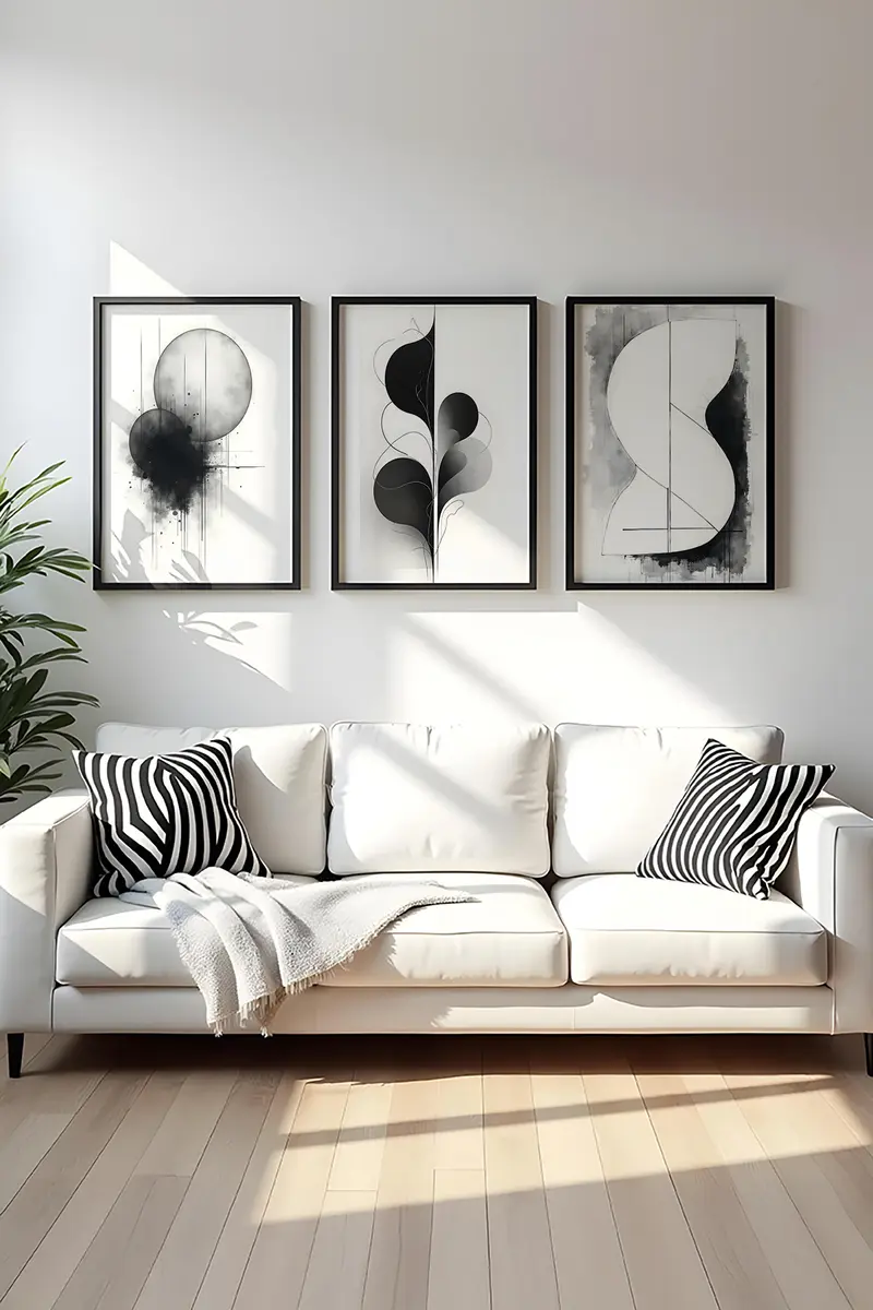 Geometrik Desenli Siyah-Beyaz Tablo Seti - Modern 3’lü Set | huhu436
