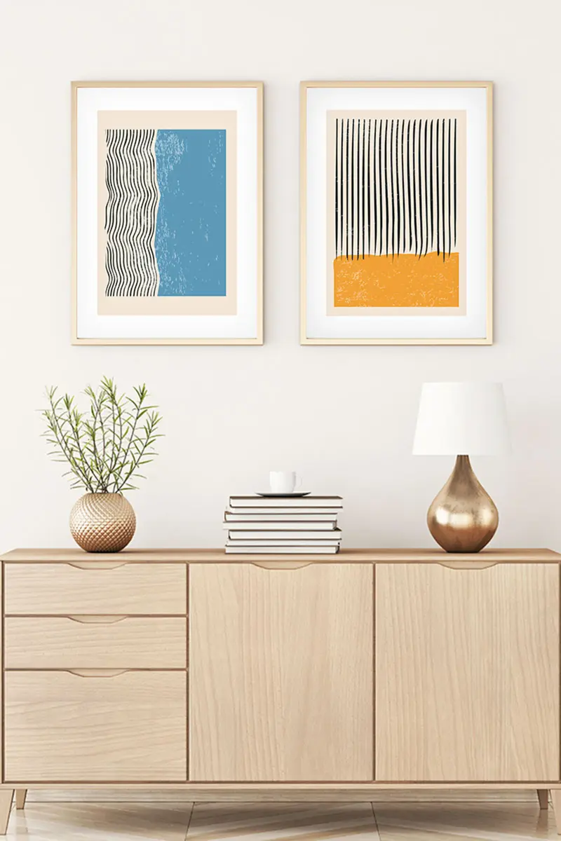 Geometrik Desenli Turuncu-Mavi Tablo Seti - Modern 2’li Set | huhu107