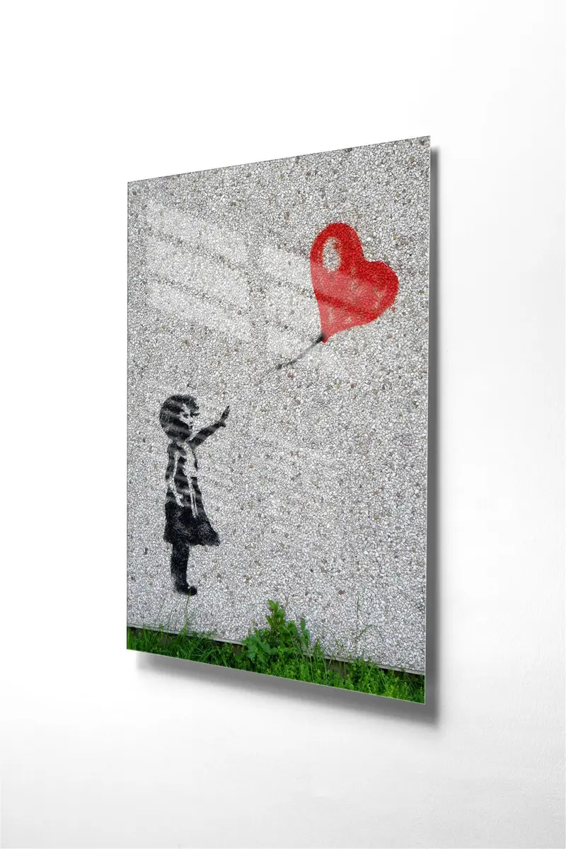 Grafiti Kız ve Balon Cam Tablo - Beyaz