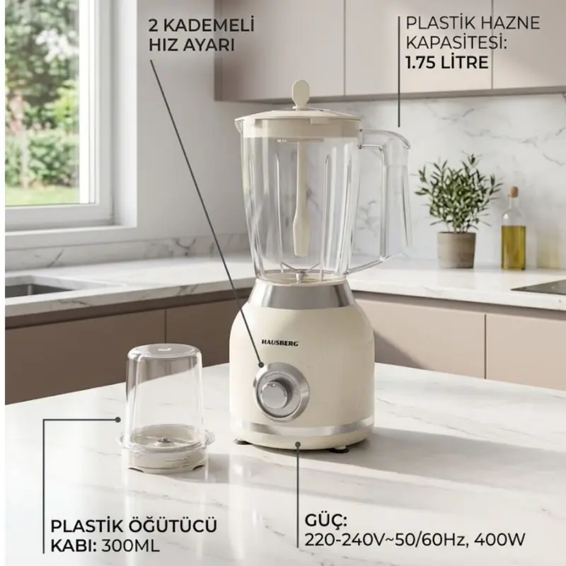 Hausberg 2 Hız Ayarlı 400 W Blender Krem