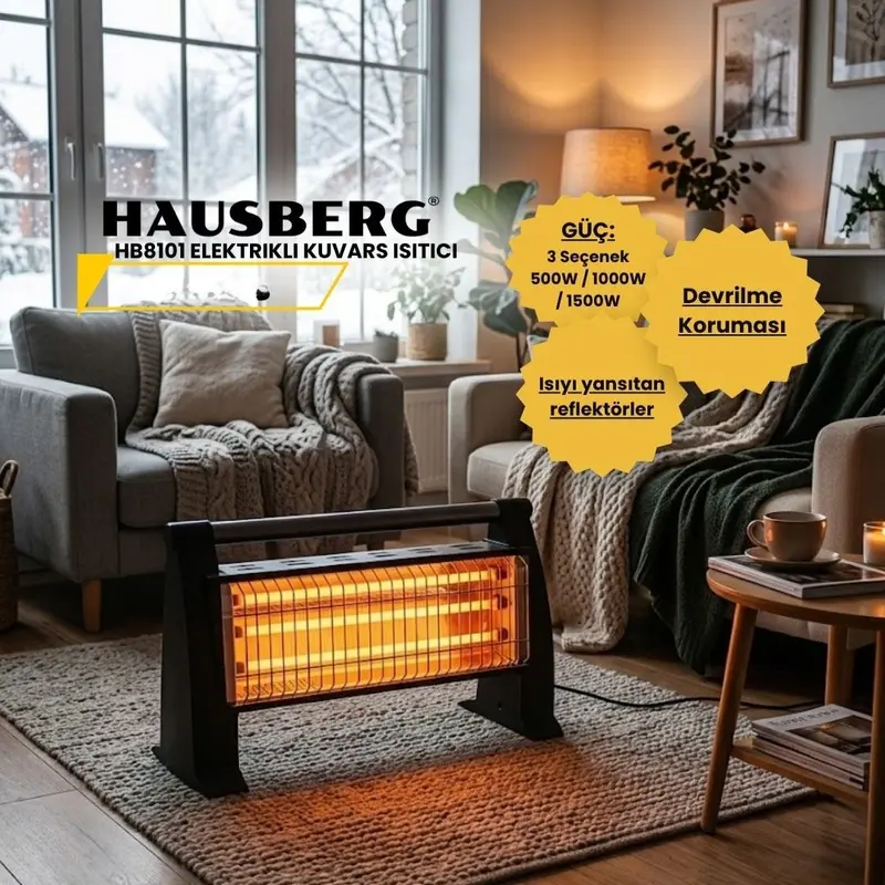 Hausberg 3 Çubuklu Kuvars Elektrikli Isıtıcı Soba Siyah