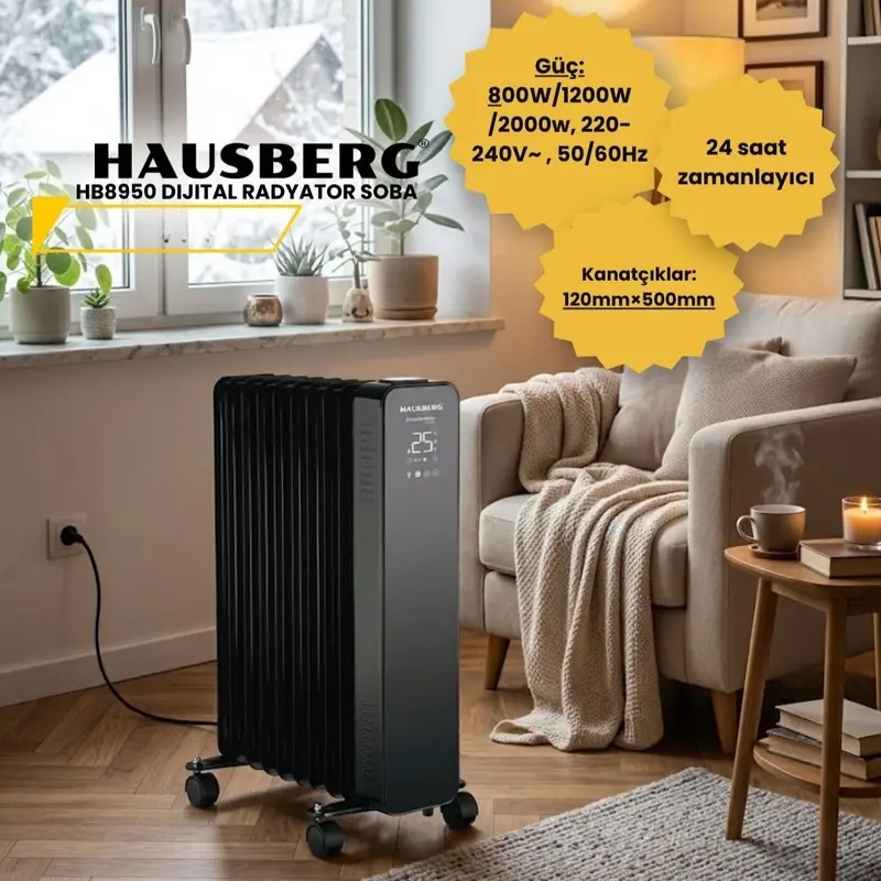 Hausberg Dijital Elektrikli 9 Petekli Uzaktan Kumandalı Radyatör Soba Siyah