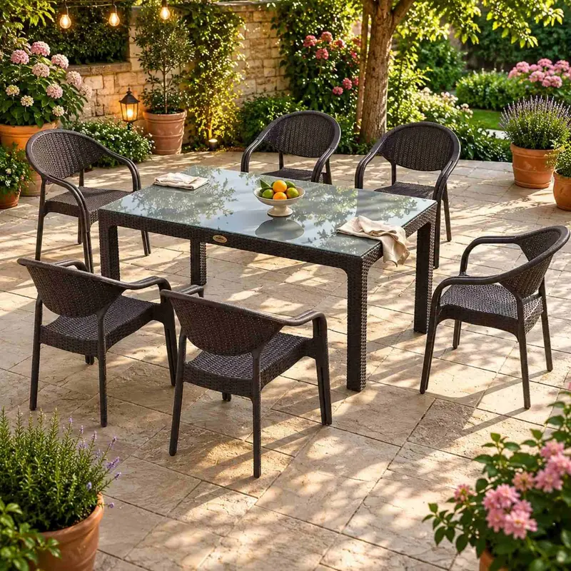 Heniver Bambu 6 Kişilik Camlı 90x150 cm Oturma Grubu Seti Kahve
