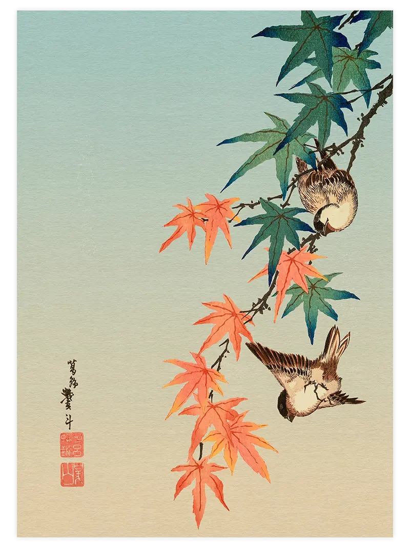Hiroshige Sparrows and Maple Leaves - Art Print