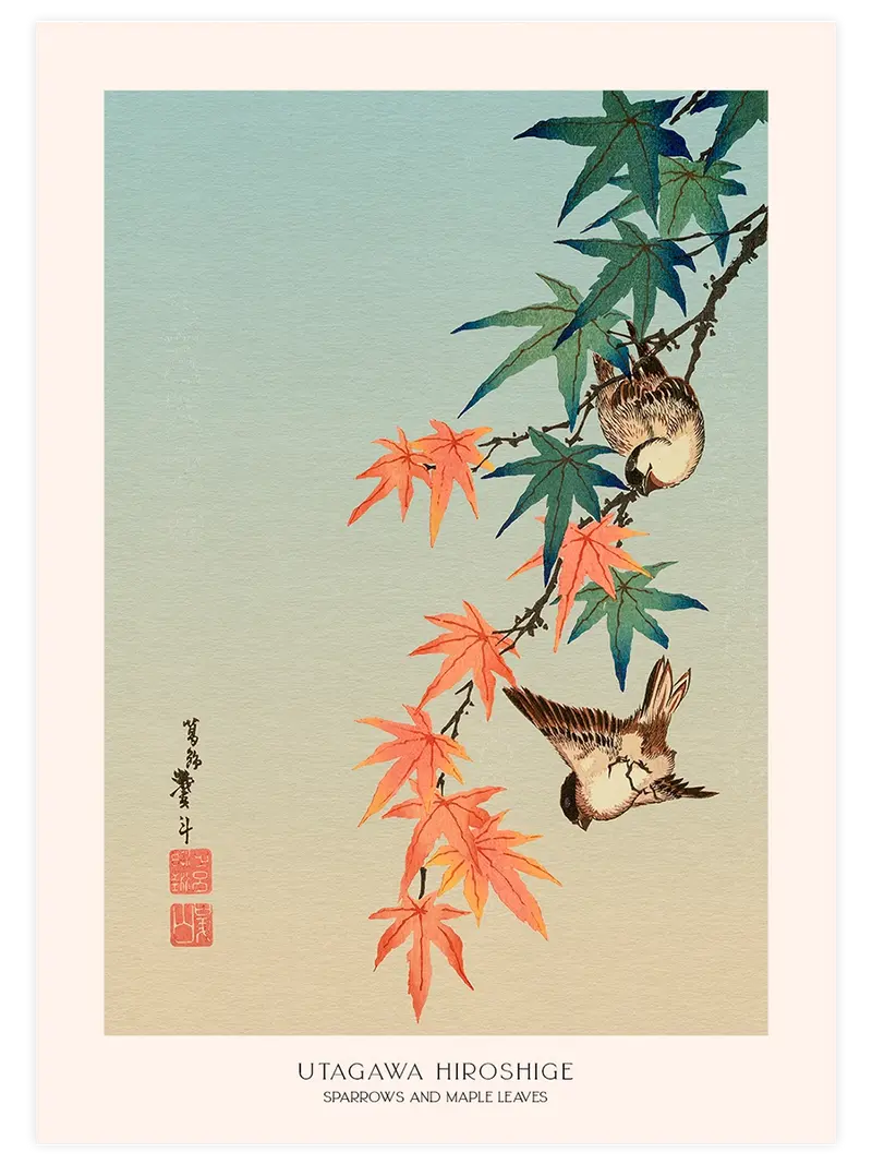 Hiroshige Sparrows and Maple Leaves - Art Print