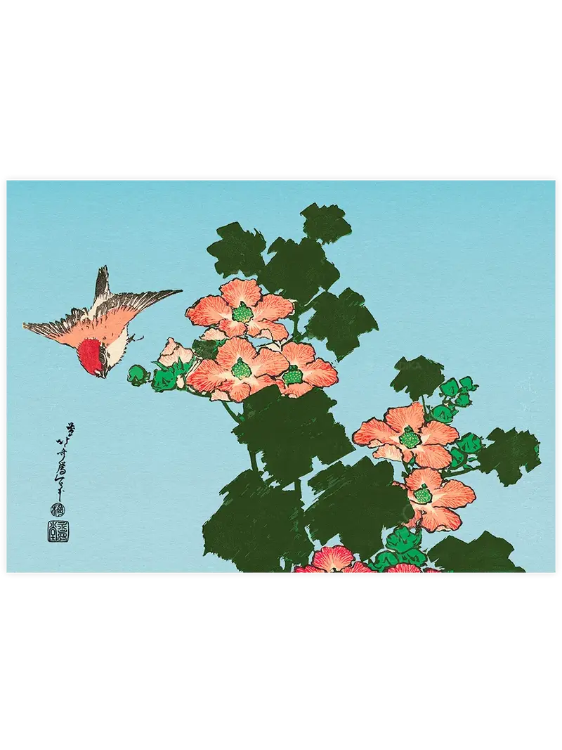 Hokusai Hibiscus and Sparrow - Art Print