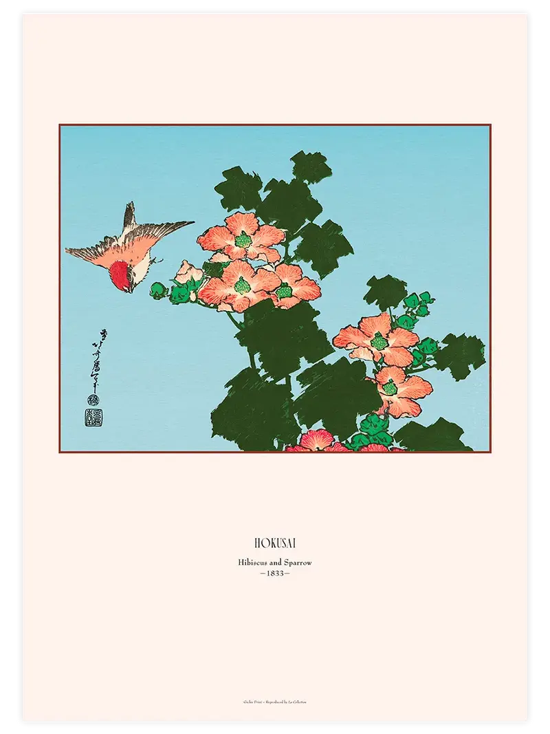 Hokusai Hibiscus and Sparrow - Art Print