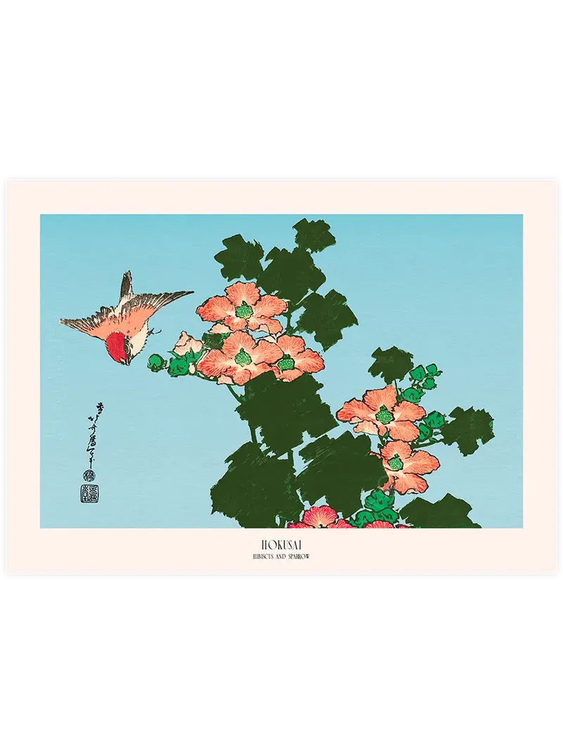 Hokusai Hibiscus and Sparrow - Art Print
