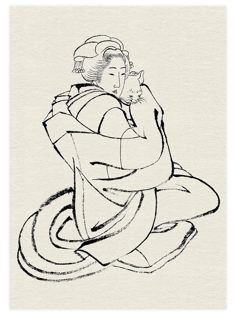Hokusai Kedi Tutan Kadın Sketch - Art Print
