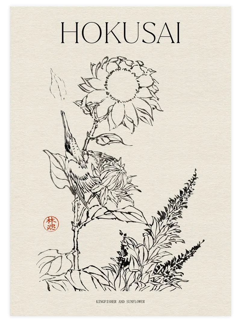 Hokusai Kingfisher and Sunflower - Art Print