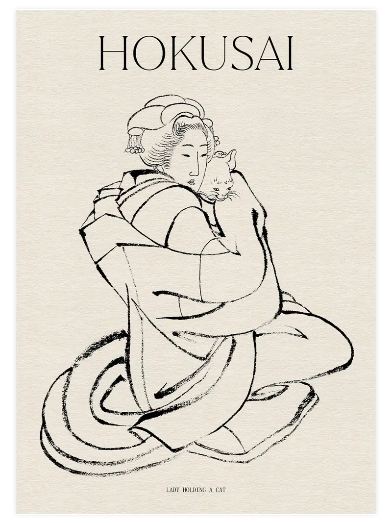 Hokusai Lady Holding a Cat Sketch - Art Print