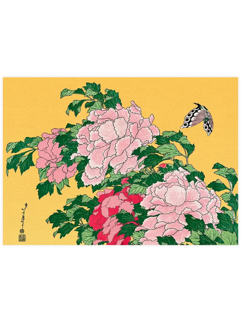 Hokusai Peonies and Butterfly - Art Print