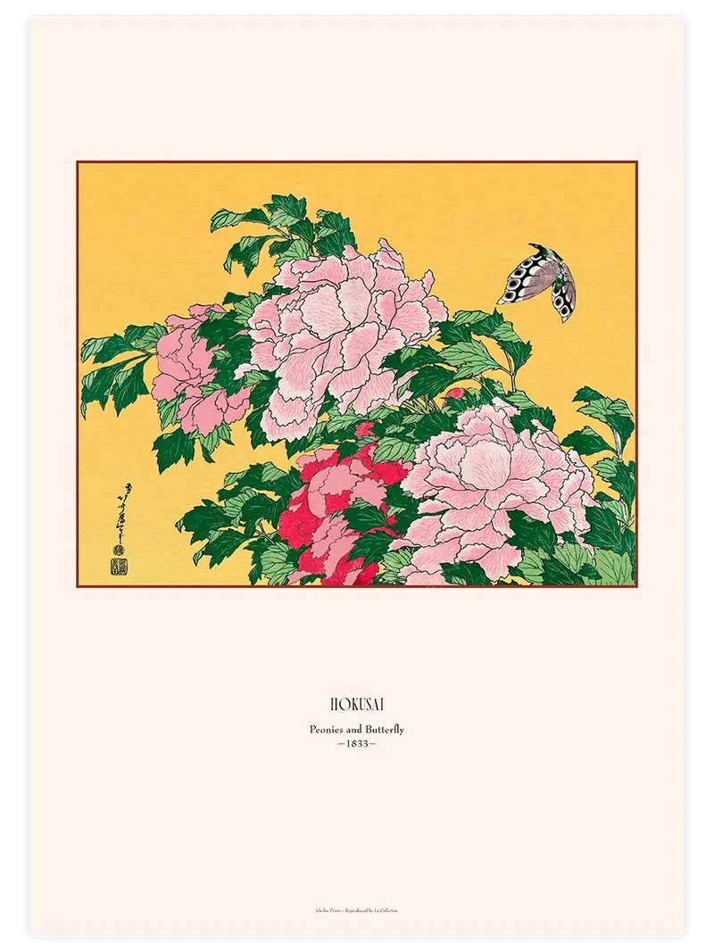 Hokusai Peonies and Butterfly - Art Print