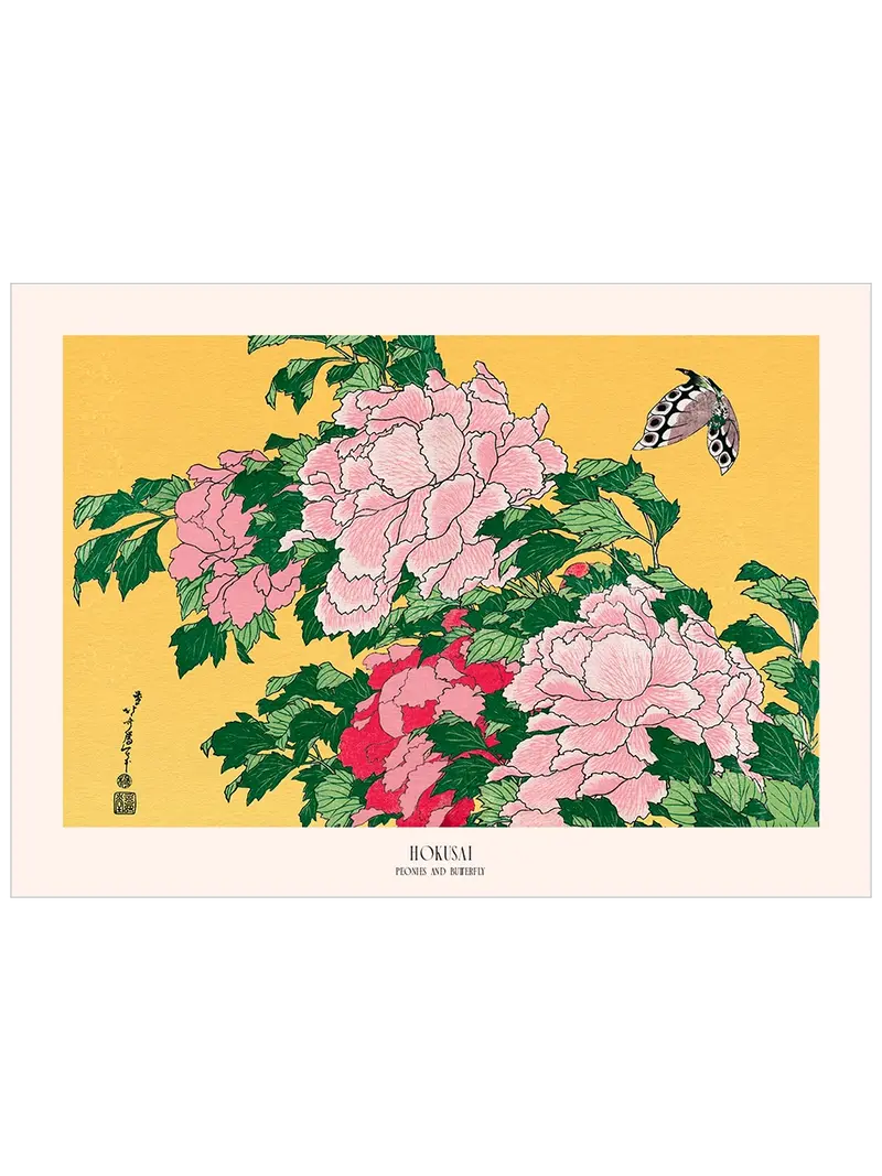 Hokusai Peonies and Butterfly - Art Print