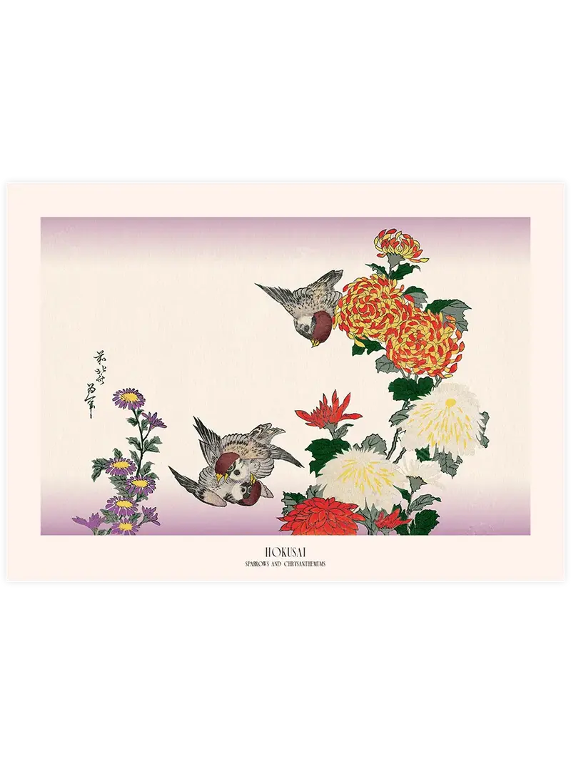 Hokusai Sparrows and Chrysanthemums - Art Print