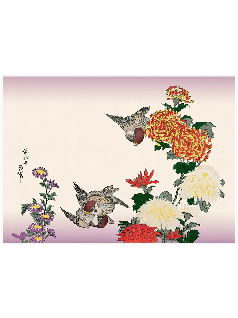 Hokusai Sparrows and Chrysanthemums - Art Print