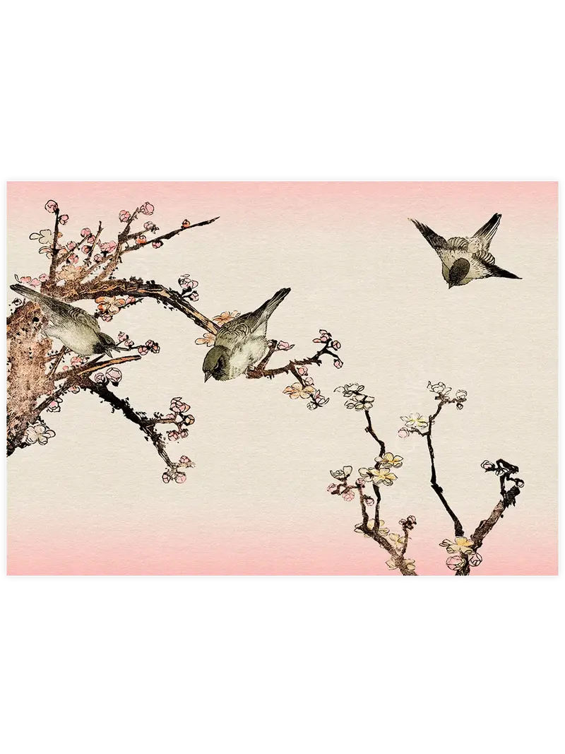 Hokusai Sparrows and Plum - Art Print