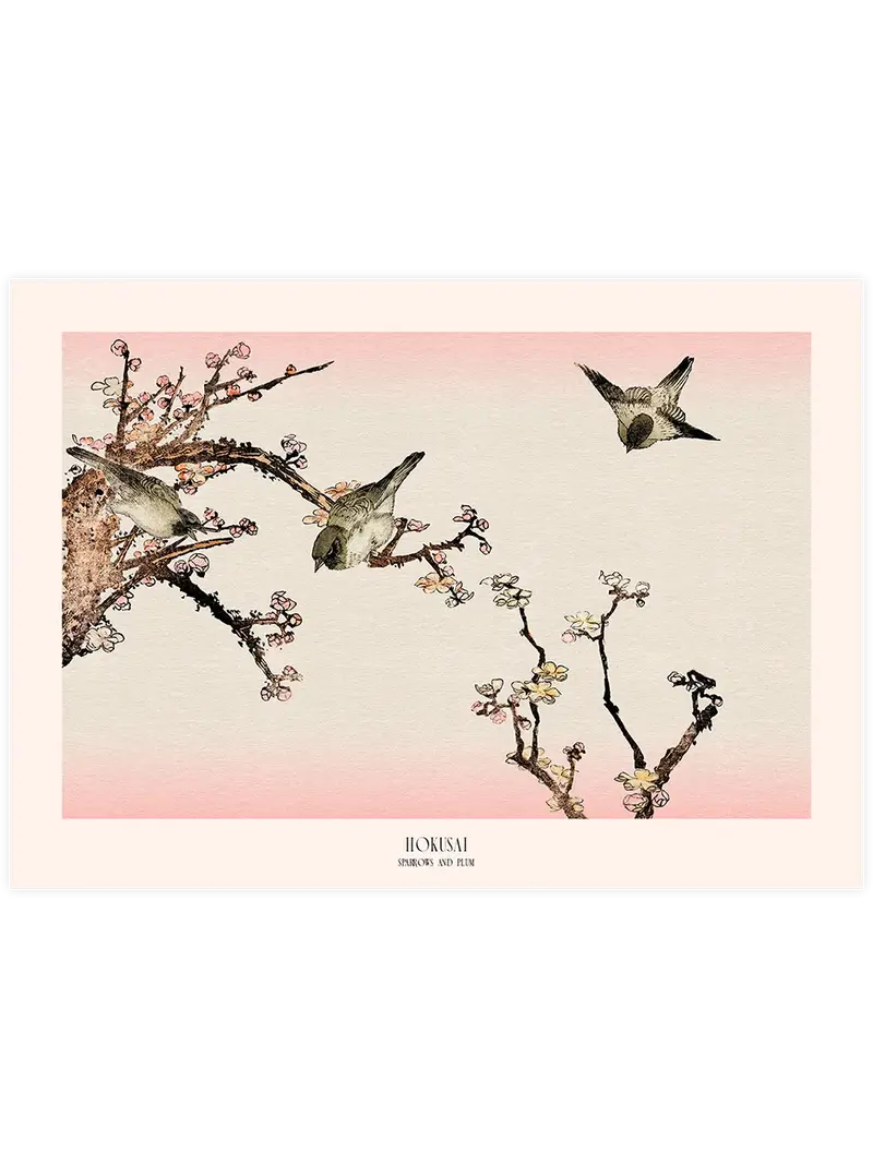 Hokusai Sparrows and Plum - Art Print