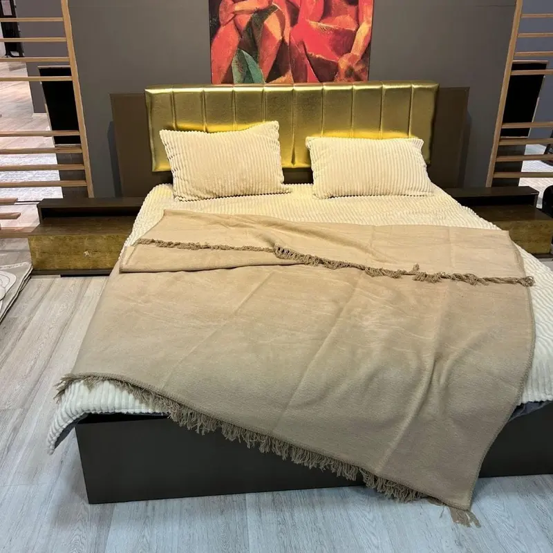 Home Pamuklu Battaniye Tek Kişilik 150 x 200 cm Bej %100 Pamuk