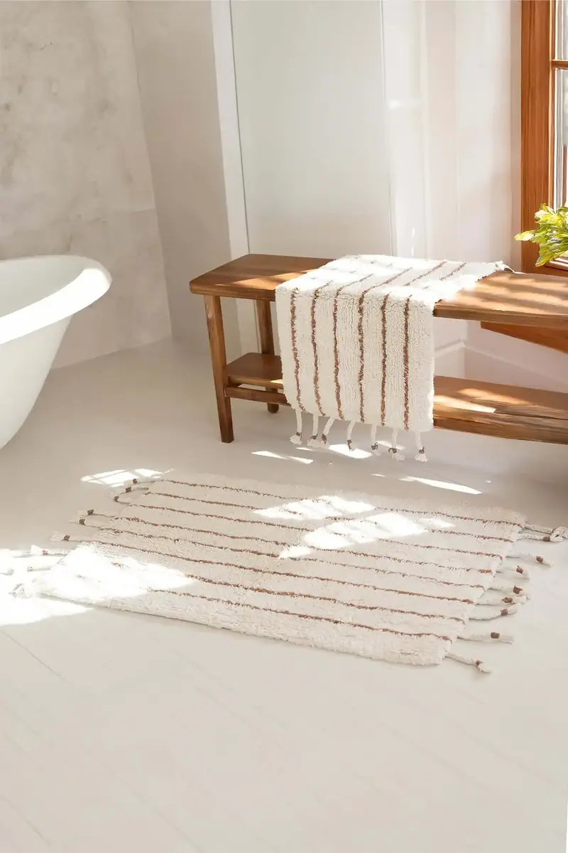 In Lines 2’li Takım Banyo Paspası %100 Pamuk 40x60 + 60x90 Bej Çizgili