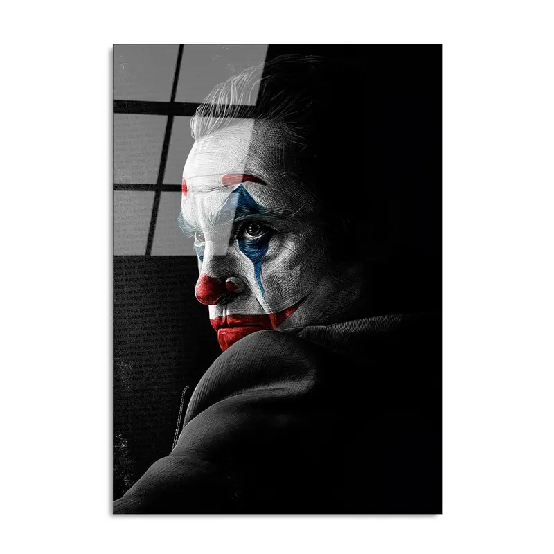 Joker Portre Siyah Beyaz Cam Tablo - Siyah