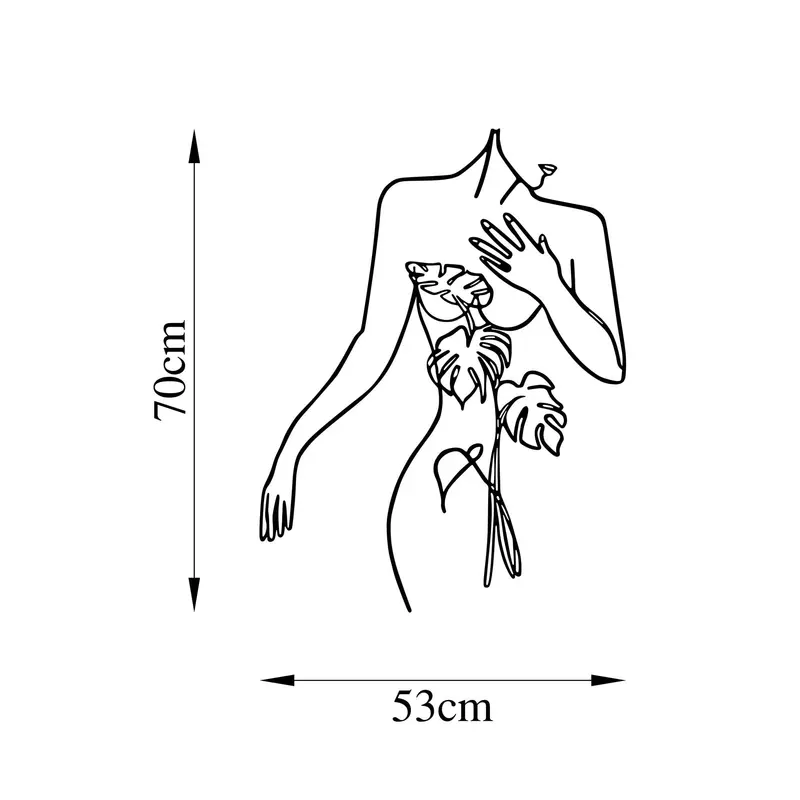 Kadın Figürü Monstera Line Art Metal Panosu - Siyah