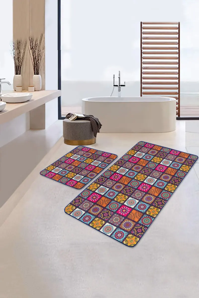 Kareli Etnik Motifli Özel Tasarımlı 2li Banyo Paspas ve Halısı Takımı Kaymaz Taban Yıkanabilir