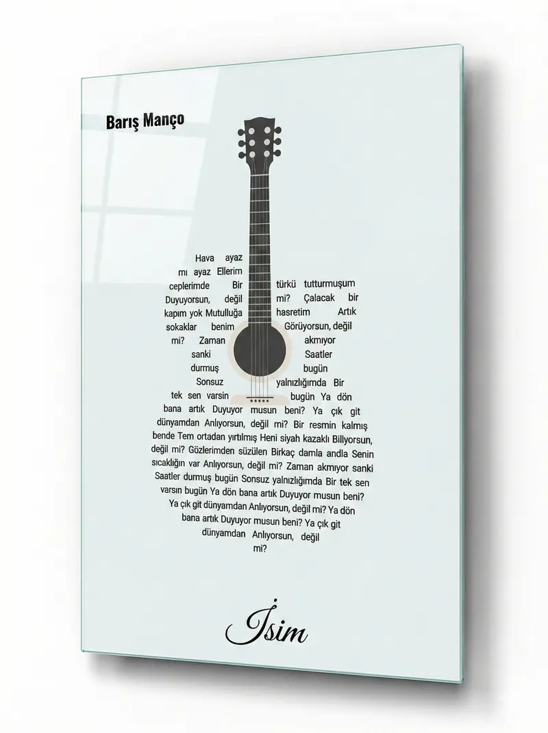 Kişiye Özel Gitar Şekilli Şarkı Sözü Cam Tablosu