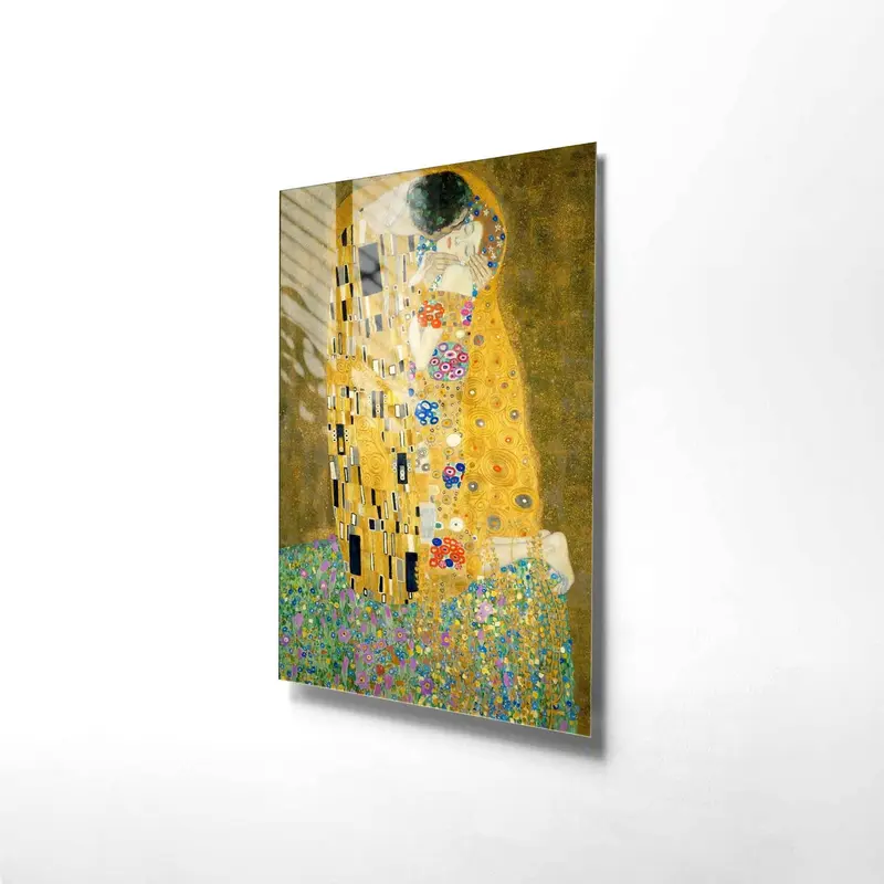 Klimt Opucuk Cam Tablo - Altın