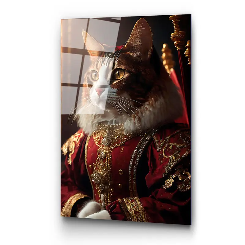Kostumlu Kedi Portre Cam Tablo - Kırmızı