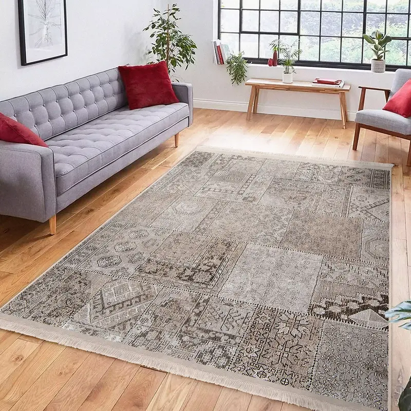 Krem Patchwork Motifli Antik Desenli Etnik Vintage Dijital Baskılı Makinede Yıkanabilir Saçaklı Halı