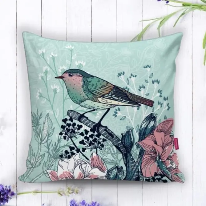 Kuş Motifli Dijital Baskılı Dekoratif Yastık Kırlent Kılıfı 43x43cm