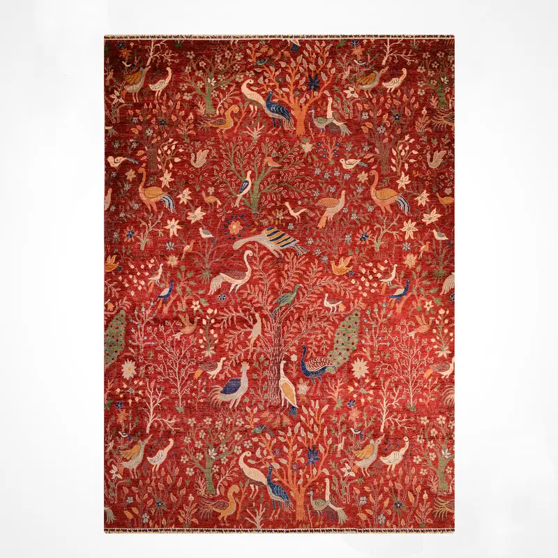 Kuş Orijinal El Dokuması Kırmızı Kök Boya Yün Halı 270x359 9.69 Metrekare - 9x12 ft