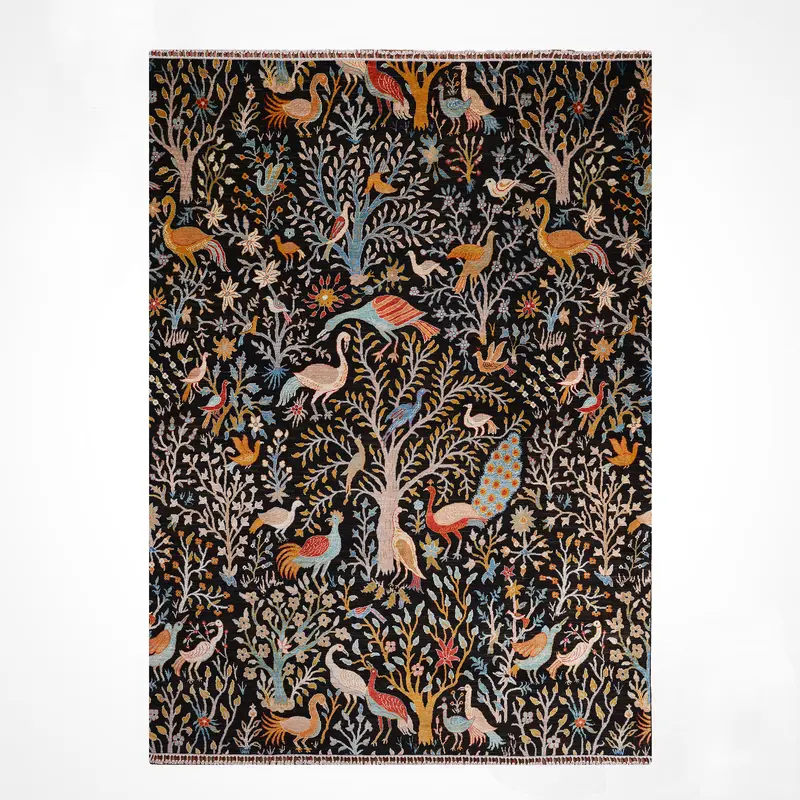 Kuş Orijinal El Dokuması Siyah Kök Boya Yün Halı 241x301 7.25 Metrekare - 8x10 ft